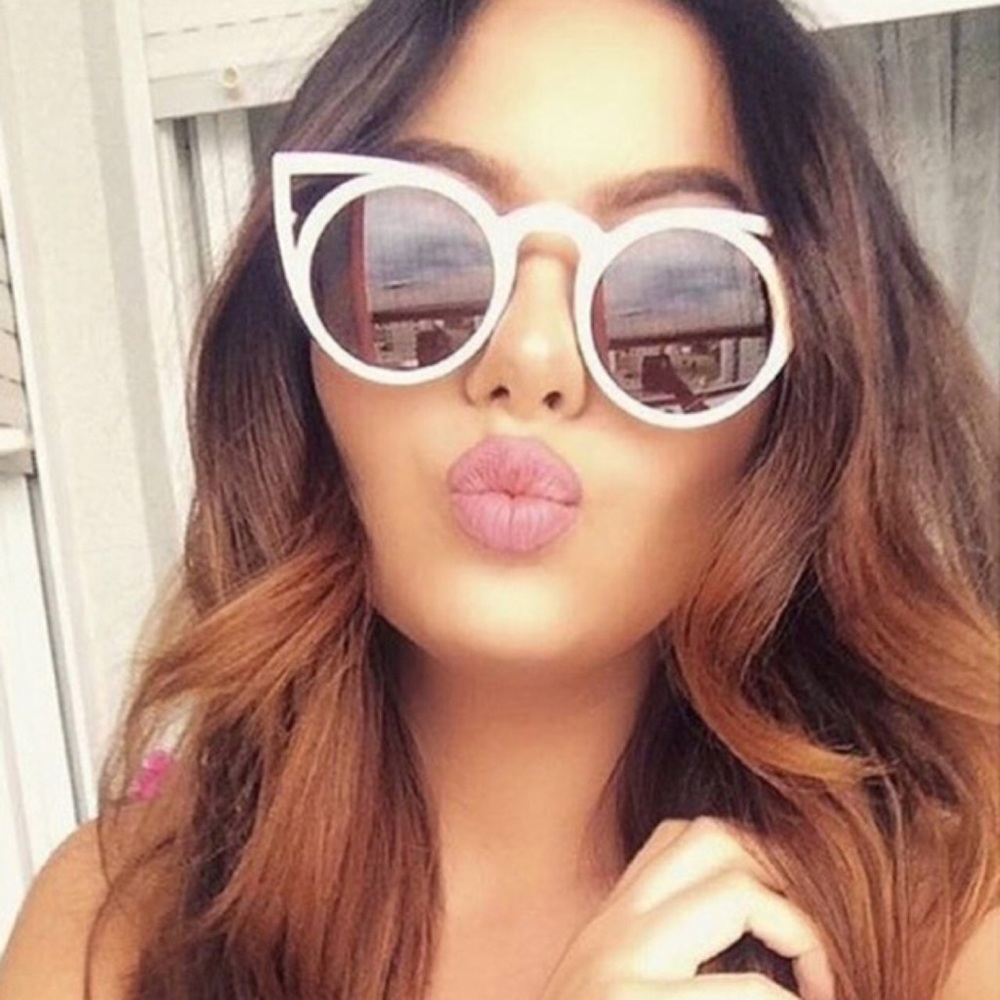 Gold Frame Round Cat Eye Cut Out Sunglasses Brown - Picture 1 of 4